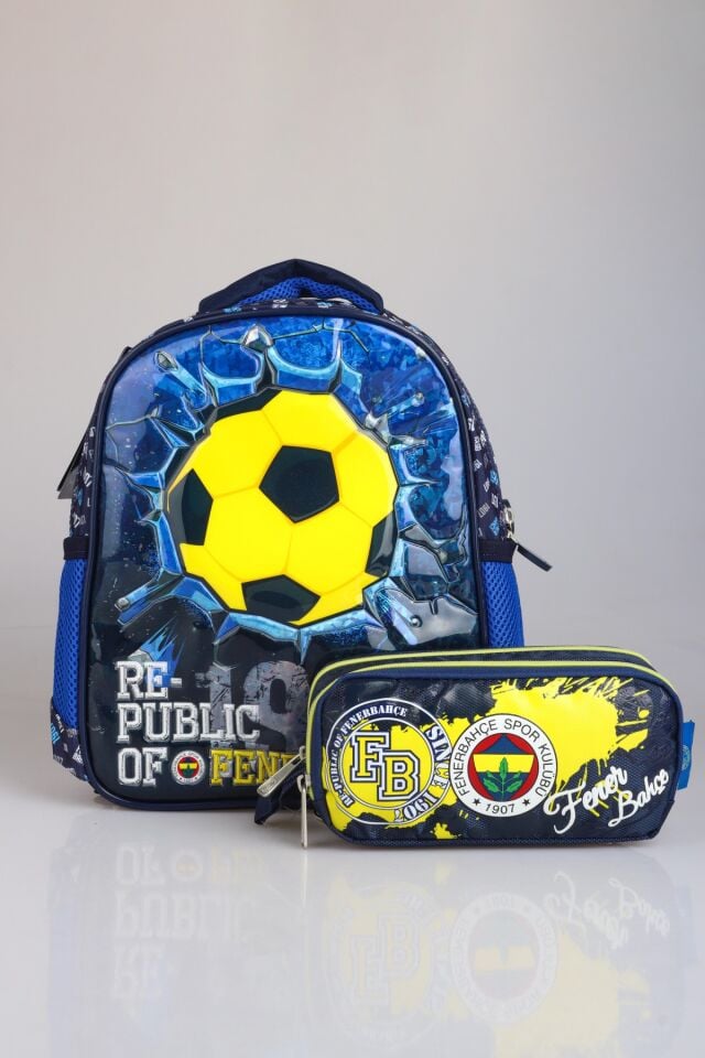 ''DEKOMUS CEP DEFTERİ HEDİYELİ'' LİSANSLI FENERBAHÇE TEK BÖLMELİ KÜÇÜK BOY 32 CM  ANAOKUL ÇANTASI İLE ÇİFT BÖLMELİ KALEM ÇANTASI OKUL SETİ