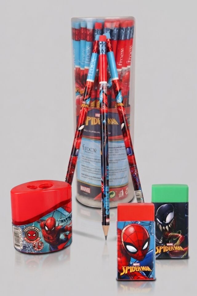x Dekomus Lisanslı Spiderman 3 Adet Silgili Kurşun Kalem,Kalemtraş ve Silgi Seti