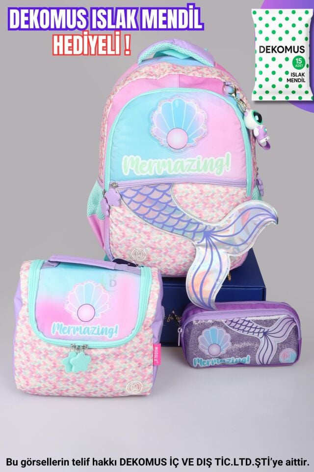 ''DEKOMUS ISLAK MENDİL HEDİYELİ''  ''PEARLA KOLEKSİYONU'' BÜYÜK BOY OKUL ÇANTASI,TERMOSLU BESLENME ÇANTASI VE KALEM ÇANTASI