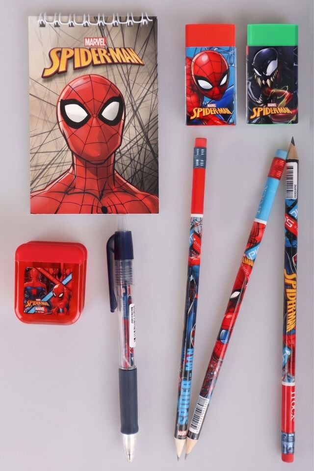 x Dekomus Lisanslı Spiderman A7 Bloknot,3 Adet Silgili Kurşun Kalem,Kalemtraş ve Silgi Seti