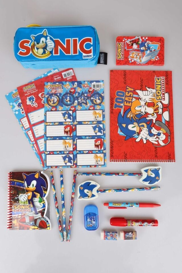 x Dekomus Lisanslı Sonic 19 Parça Premium Kırtasiye Seti Kalem Çantası,Bloknot,Uçlu Kalem