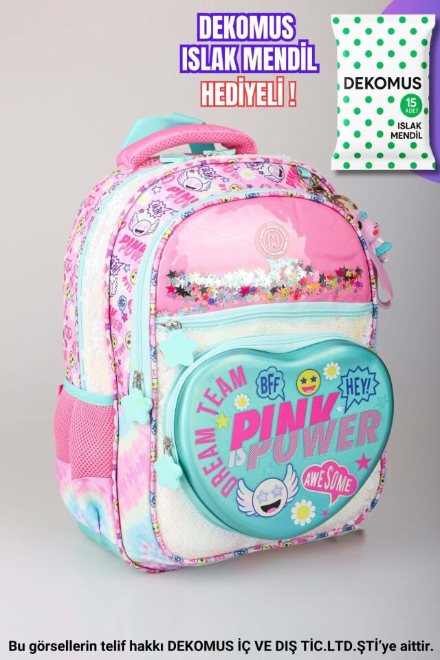''DEKOMUS ISLAK MENDİL HEDİYELİ''  ÖZEL TASARIM ''THE POWER OF PINK LOVE KOLEKSİYONU'' BÜYÜK BOY OKUL ÇANTASI