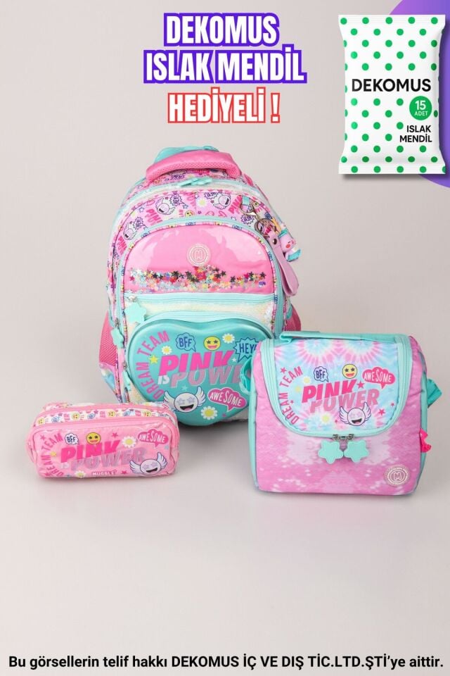 ''DEKOMUS ISLAK MENDİL HEDİYELİ''  ''''PINK POWER KOLEKSİYONU'' BÜYÜK BOY OKUL ÇANTASI,TERMOSLU BESLENME ÇANTASI VE KALEM ÇANTASI