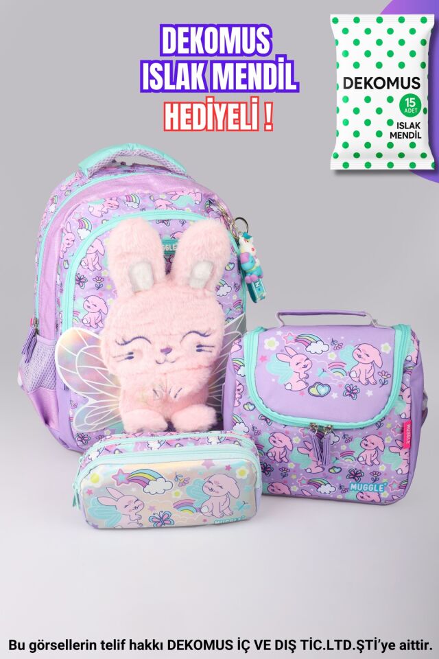 ''DEKOMUS ISLAK MENDİL HEDİYELİ'' ''FLUFFY BUNNY KOLEKSİYONU'' BÜYÜK BOY OKUL ÇANTASI,TERMOSLU BESLENME ÇANTASI VE KALEM ÇANTASI