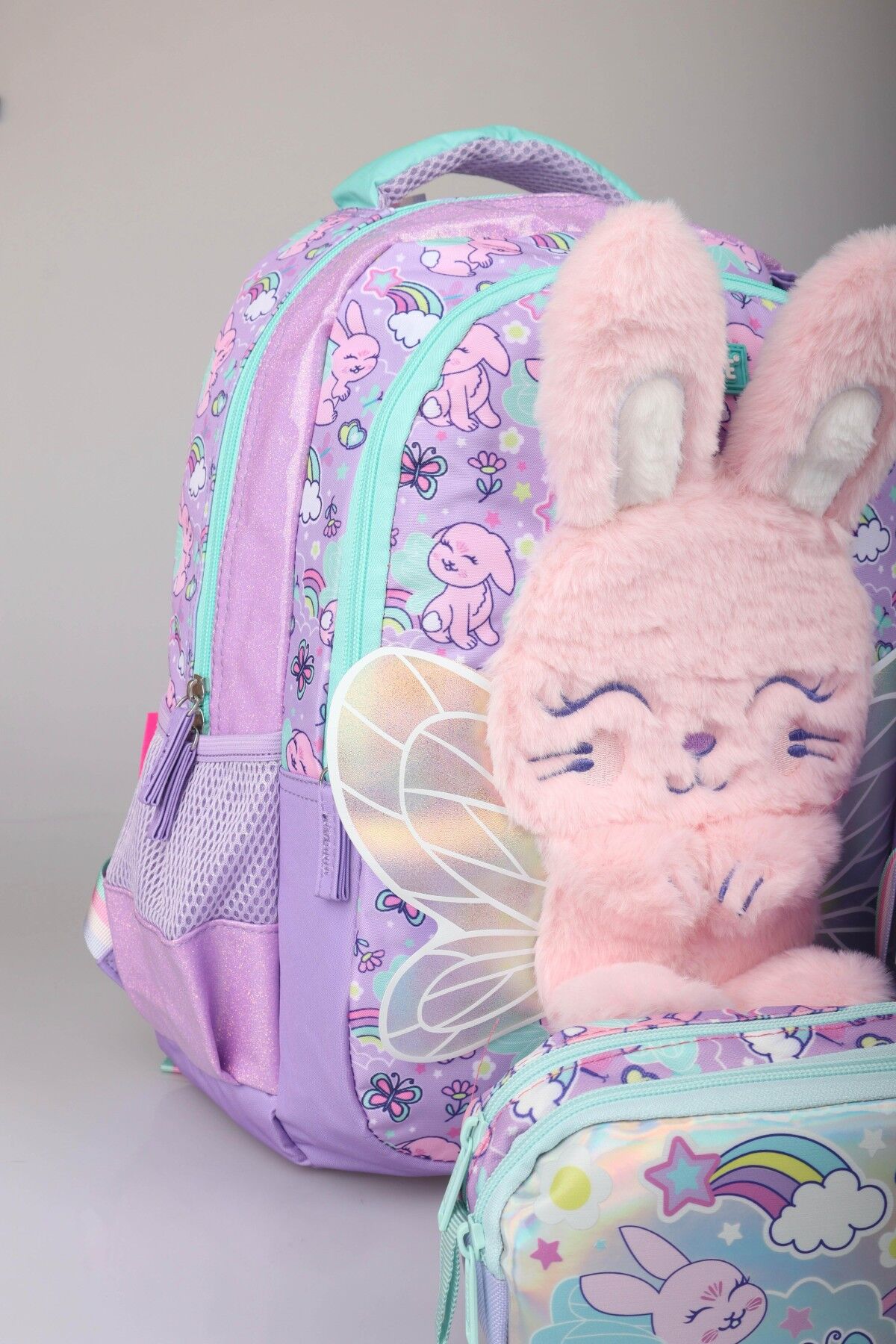 ''DEKOMUS ISLAK MENDİL HEDİYELİ'' ''FLUFFY BUNNY KOLEKSİYONU'' BÜYÜK BOY OKUL ÇANTASI,TERMOSLU BESLENME ÇANTASI VE KALEM ÇANTASI