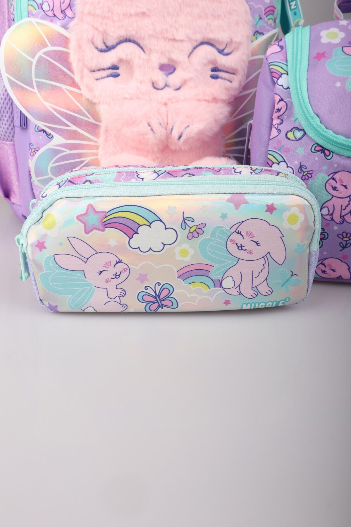 ''DEKOMUS ISLAK MENDİL HEDİYELİ'' ''FLUFFY BUNNY KOLEKSİYONU'' BÜYÜK BOY OKUL ÇANTASI,TERMOSLU BESLENME ÇANTASI VE KALEM ÇANTASI