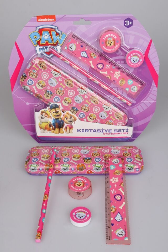 x Dekomus Lisanslı Paw Patrol Pink Paws Collection 5'Li Kırtasiye Seti Metal Kalem Kutusu,Cetvel,Kurşun Kalem,Silgi ve Kalemtraş