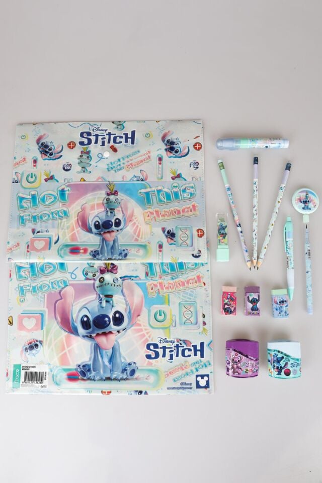 LİSANSLI STITCH 15 PARÇA FULL KIRTASİYE SETİ ÇITÇIT DOSYA,3 ADET SİLGİLİ KURŞUN KALEM , ROKET SİLGİ VE ÇİFT BIÇAKLI KALEMTRAŞ KIRTASİYE SETİ