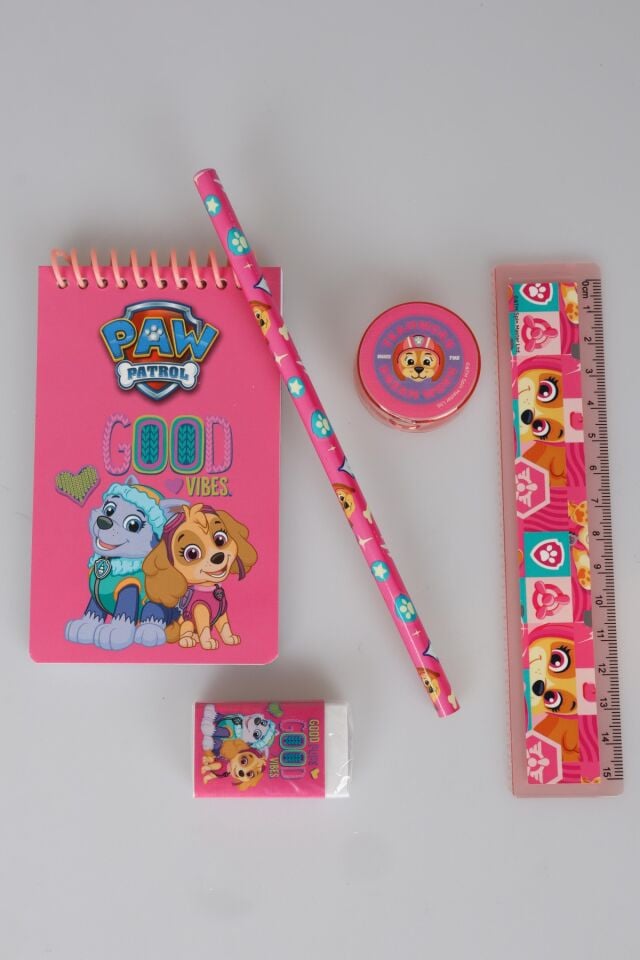 x Dekomus Lisanslı Paw Patrol Pink Paws Collection 5'Li Kırtasiye Seti Not Defteri,Kurşun Kalem,Cetvel,Silgi,Kalemtraş