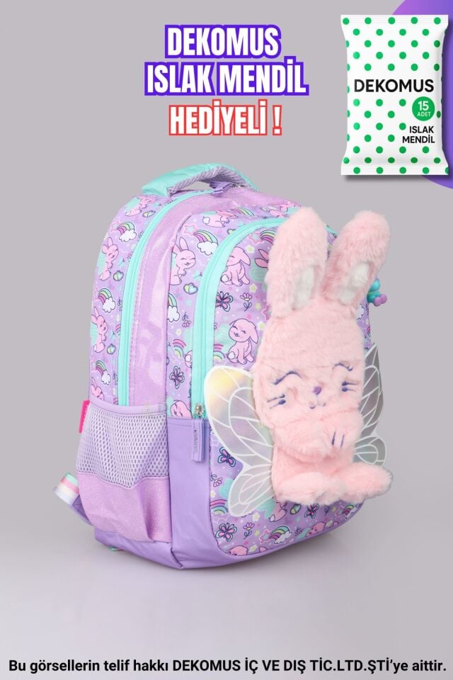 ''DEKOMUS ISLAK MENDİL HEDİYELİ''  ÖZEL TASARIM '' FLUFFY BUNNY KOLEKSİYONU'' BÜYÜK BOY OKUL ÇANTASI