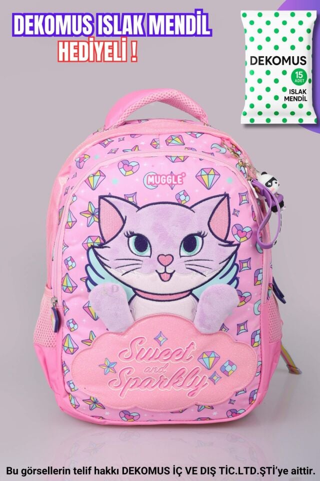''DEKOMUS ISLAK MENDİL HEDİYELİ''  ÖZEL TASARIM ''SWEET AND SPARKLY KOLEKSİYONU'' BÜYÜK BOY OKUL ÇANTASI