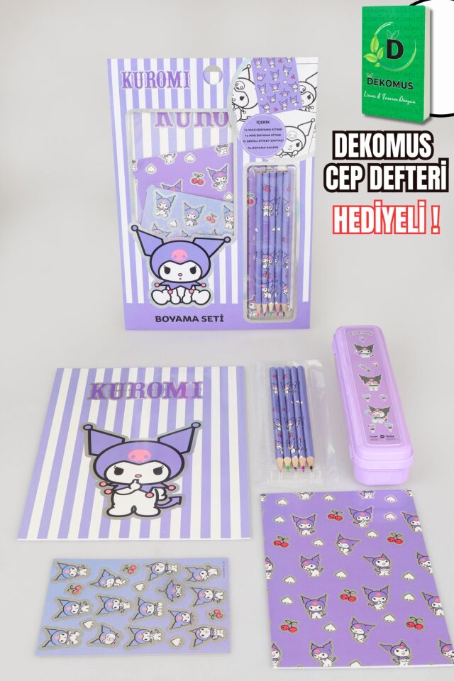 ''DEKOMUS CEP DEFTERİ HEDİYELİ'' LİSANSLI KUROMI 9 PARÇALI BOYAMA SETİ KALEM KUTUSU,2 ADET BOYAMA KİTABI,5 ADET BOYA KALEMİ,STICKER