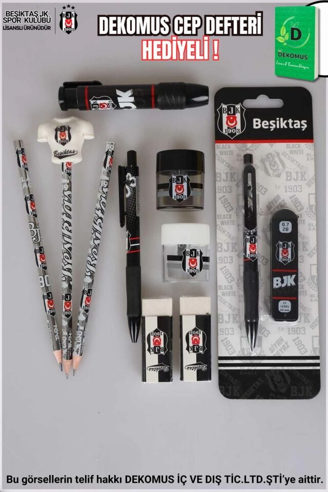 ''DEKOMUS CEP DEFTERİ HEDİYELİ'' LİSANSLI BEŞİKTAŞ 12 PARÇA KIRTASİYE SETİ KURŞUN KALEM,SİLGİ TEPELİ KURŞUN KALEM,VERSATİL UÇLU KALEM,3 ADET SİLGİ VE 2 ADET KALEMTRAŞ SETİ