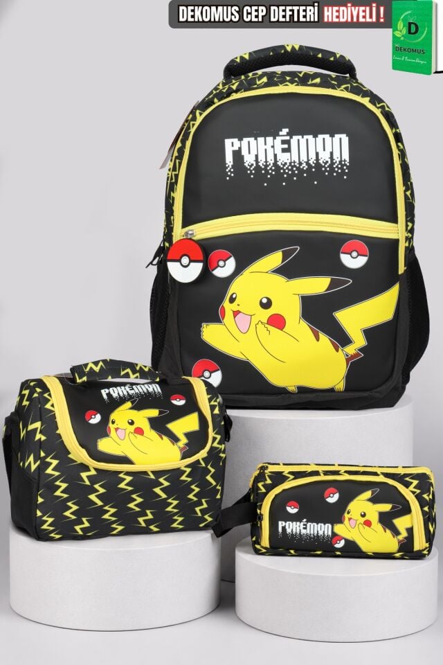Lisanslı Pokemon Electric Shadow Collection Büyük Boy Okul Çantası,Termoslu Beslenme ve Kalem Çantası