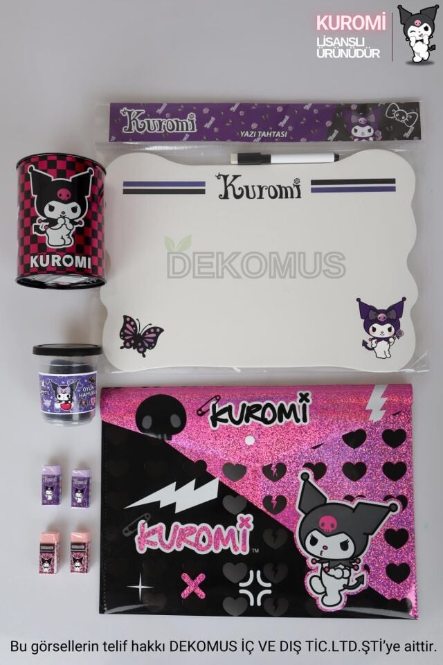 LİSANSLI KUROMI 8 PARÇA KIRTASİYE SETİ KUMBARA,YAZI TAHTASI,OYUN HAMURU,4 ADET SİLGİ VE ÇITÇIT DOSYA 