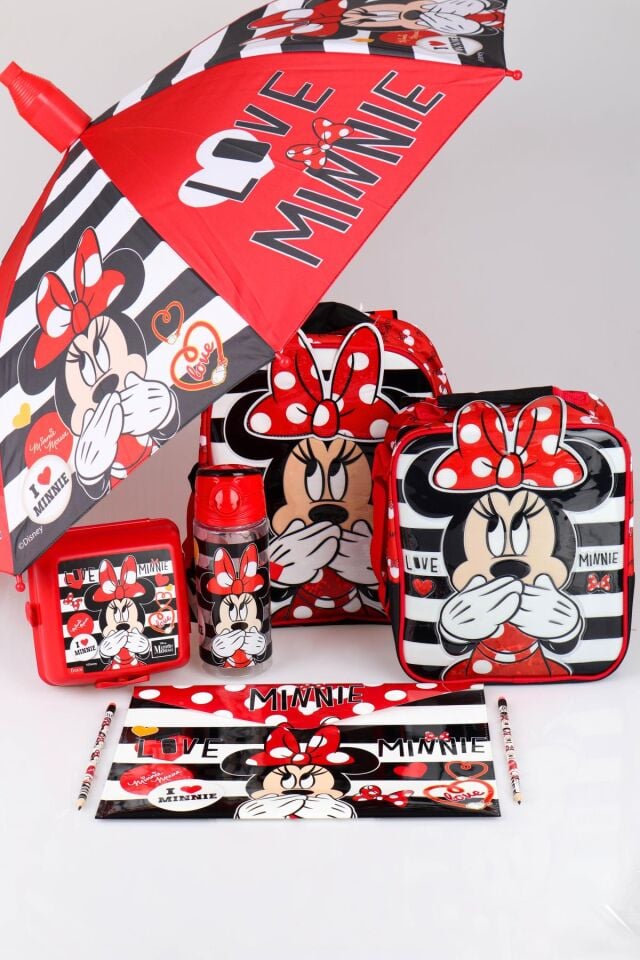 YENİ SEZON LİSANSLI MINNIE MOUSE ANAOKUL,BESLENME ÇANTASI İLE BESLENME KABI,MATARA 500 ML,ŞEMSİYE VE KIRTASİYE OKUL SETİ