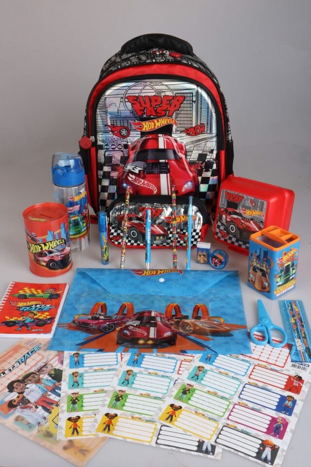 YENİ SEZON LİSANSLI HOT WHEELS OKUL ÇANTASI VE KALEM ÇANTASI İLE MATARA,BESLENME KABI VE KIRTASİYE SETİ ÇITÇIT DOSYA,KALEM,SİLGİ,KUMBARA,KALEMTRAŞ,RESİM DEFTERİ,OKUL ETİKETİ