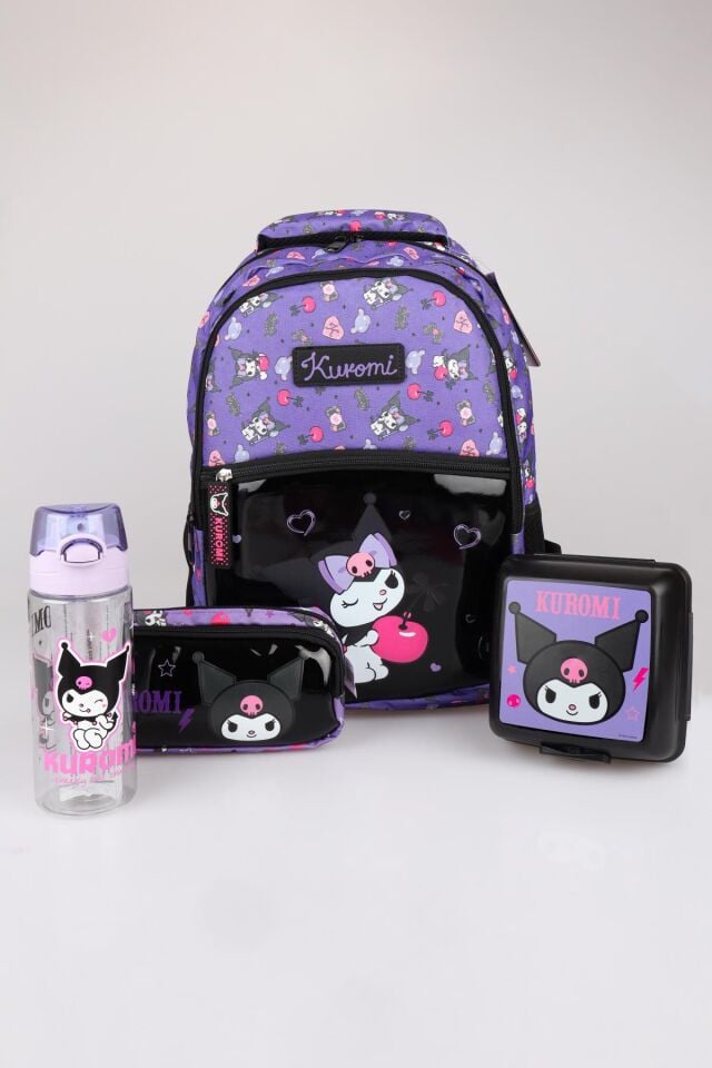 DEKOMUS İLE LİSANSLI KUROMI ''CHERRY'' ÖZEL KOLEKSİYON OKUL ÇANTASI,KALEM ÇANTASI,500 ML TRITAN MATARA VE 2 KATLI BESLENME KABI OKUL SETİ