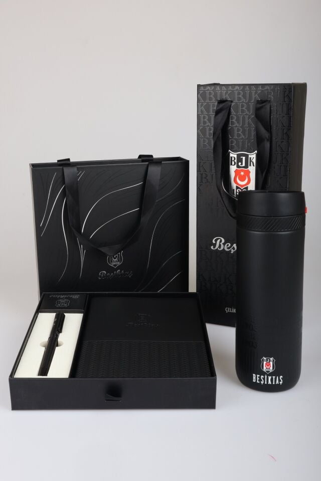 x Dekomus Lisanslı Beşiktaş Özel Çanta Kutulu 550 Ml Çelik Termos Ve Çantalı Deri Ajanda Roller Tükenmez Kalem Seti