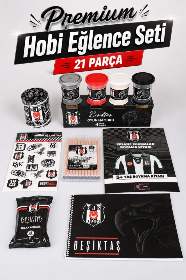 x Dekomus Lisanslı Beşiktaş 21 Parça Premium Hobi Eğlence Seti Boyama Kitabı,Oyun Hamuru,Kuru Boya