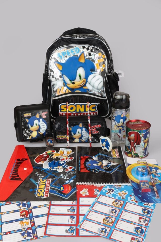 DEKOMUS İLE LİSANSLI SONIC BÜYÜK BOY OKUL VE KALEM ÇANTASI İLE MATARA,BESLENME KABI KIRTASİYE SETİ