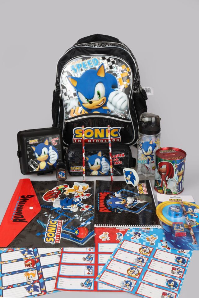 DEKOMUS İLE LİSANSLI SONIC BÜYÜK BOY OKUL VE KALEM ÇANTASI İLE MATARA,BESLENME KABI KIRTASİYE SETİ