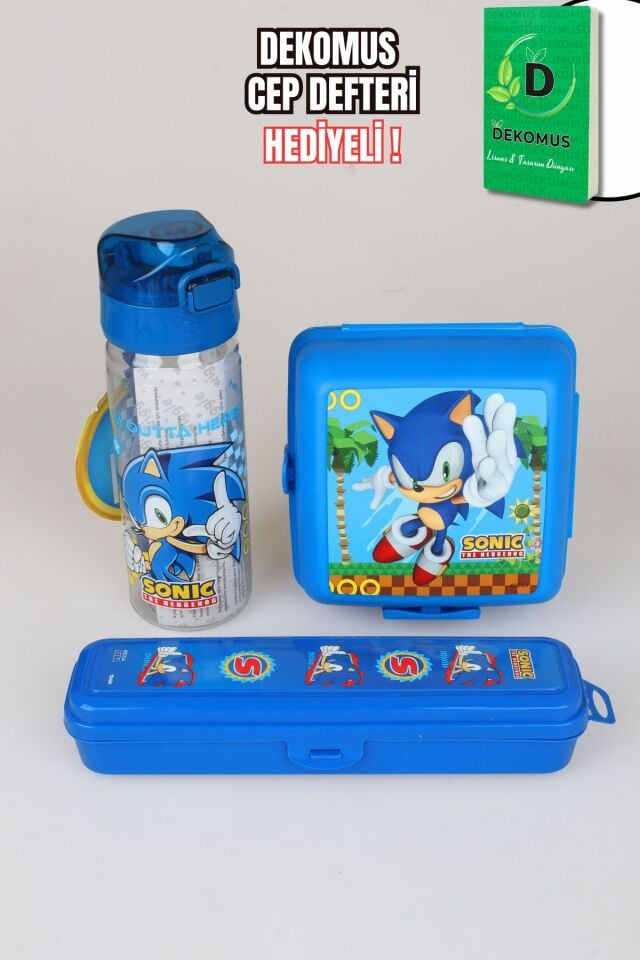 ''DEKOMUS CEP DEFTERİ HEDİYELİ'' LİSANSLI SONIC 2 KATLI BESLENME KUTUSU,500 ML TRITAN MATARA VE DİŞ FIRÇASI KUTUSU SETİ