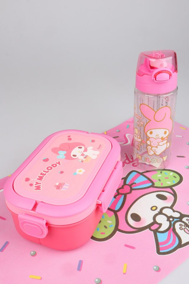 x Dekomus Lisanslı My Melody 500 ML Matara,3 Bölmeli Beslenme Kabı,Beslenme Örtüsü Seti