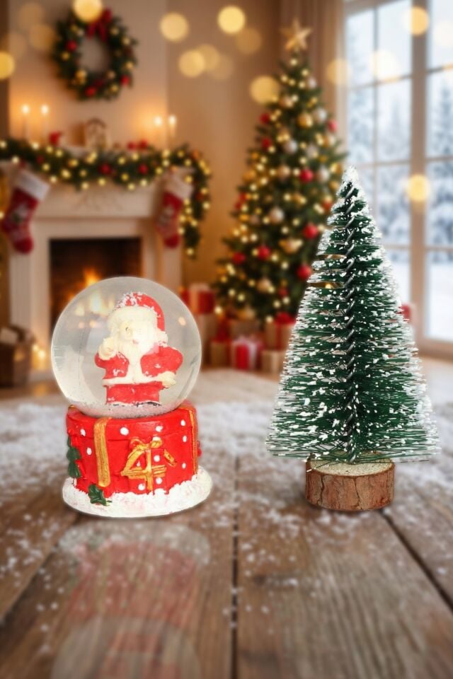 DEKOMUS MUTLU YILLAR  SERİSİ ''MİNİ ÇAM AĞACI SÜSÜ VE KAR KÜRESİ 2'LİSİ ''YENİ YIL MERRY CHRISTMAS ''