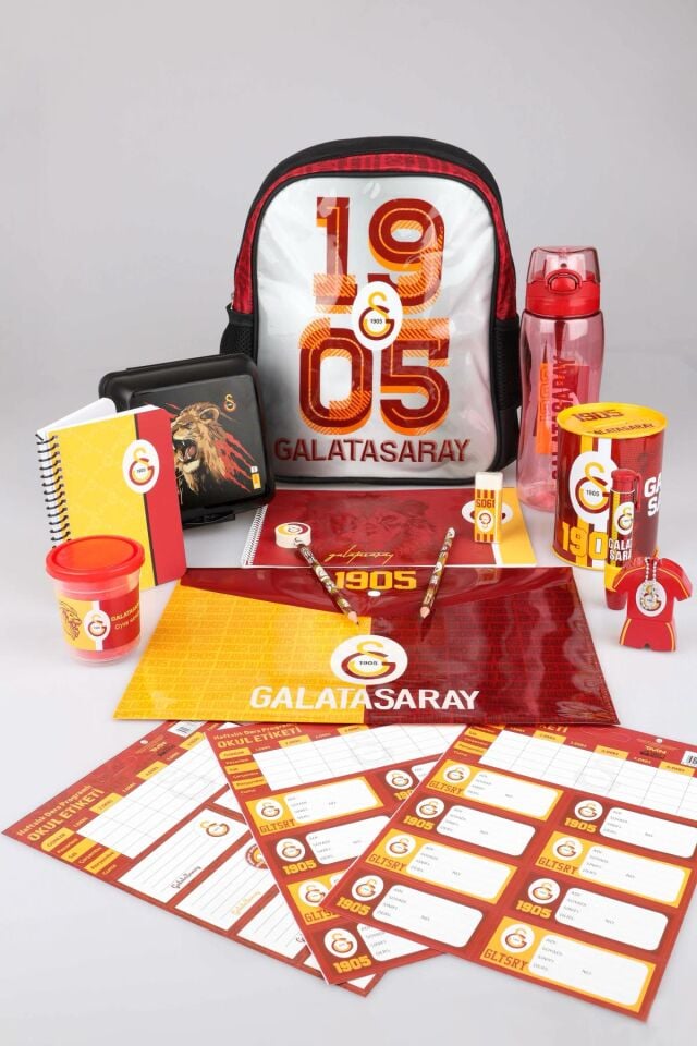 DEKOMUS İLE LİSANSLI GALATASARAY KÜÇÜK BOY 32x25 CM ANAOKUL ÇANTASI,700 ML MATARA VE BESLENME KABI KIRTASİYE SETİ