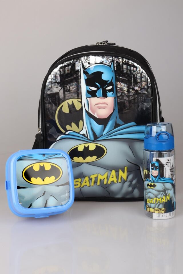 TEK BÖLMELİ KÜÇÜK BOY 32 CM YENİ SEZON LİSANSLI BATMAN ANAOKUL ÇANTASI,BESLENME KABI VE 500 ML TRITAN MATARA OKUL SETİ