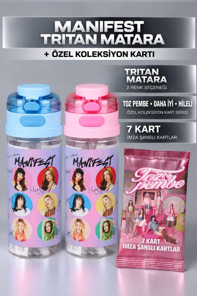 Lisanslı Manifest Toz Pembe Collection 500 ML Tritan Matara ve 6'Lı Toz Pembe Koleksiyon Kart Seti Dekomus Cep Defteri Hediyeli