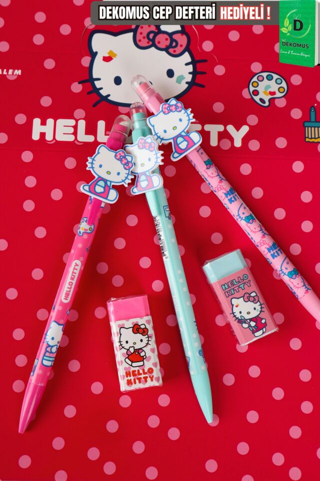YENİ SEZON LİSANSLI HELLO KITTY 2D FİGÜRLÜ VERSATİL UÇLU KALEM 0.7 MM VE SİLGİ SETİ