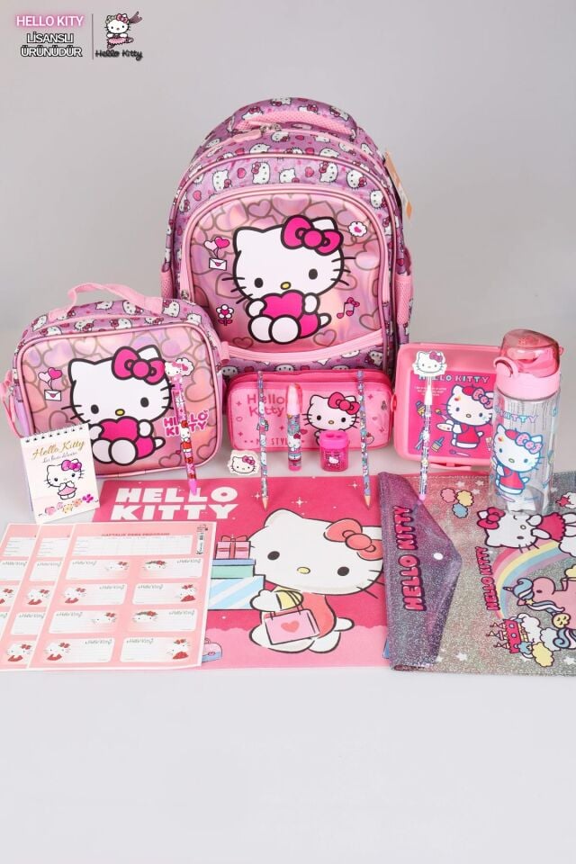 YENİ SEZON LİSANSLI HELLO KITTY İLKOKUL,BESLENME VE KALEM ÇANTASI İLE BESLENME KABI,MATARA KIRTASİYE OKUL SETİ