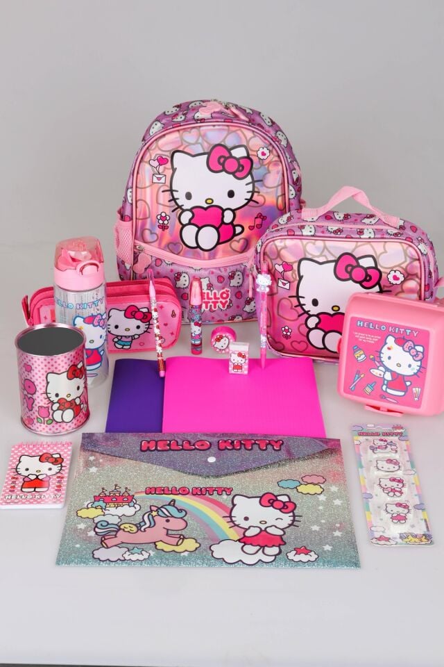 TEK BÖLMELİ KÜÇÜK BOY 32 CM HELLO KITTY ANAOKUL,BESLENME VE KALEM ÇANTASI İLE BESLENME KABI,MATARA KIRTASİYE OKUL SETİ