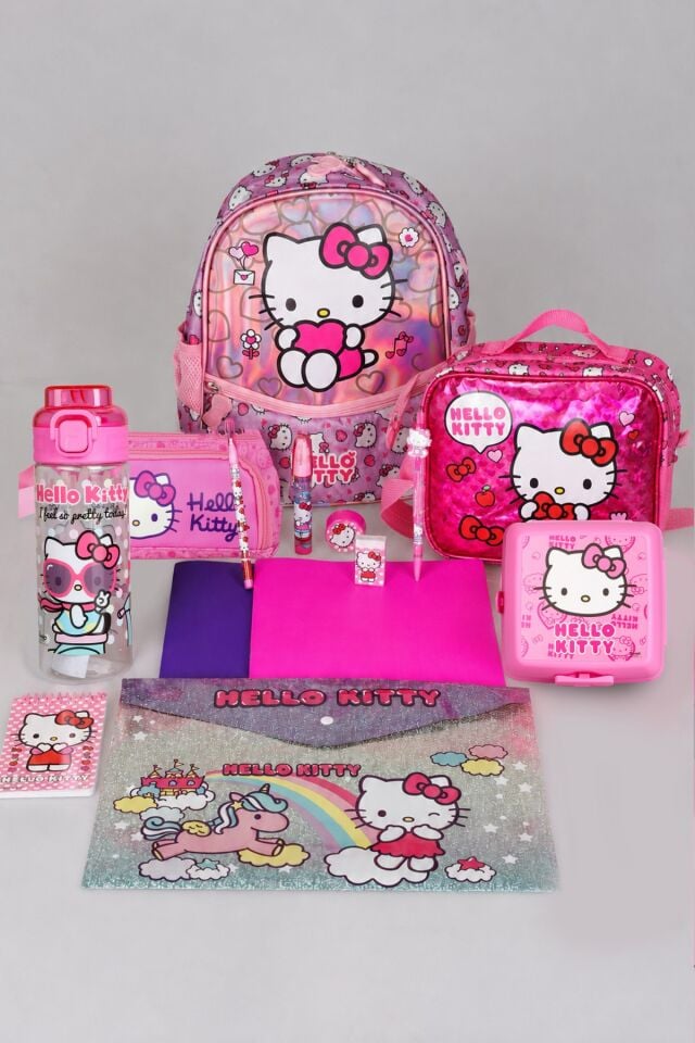 TEK BÖLMELİ KÜÇÜK BOY 32 CM HELLO KITTY ANAOKUL,BESLENME VE KALEM ÇANTASI İLE BESLENME KABI,MATARA KIRTASİYE OKUL SETİ