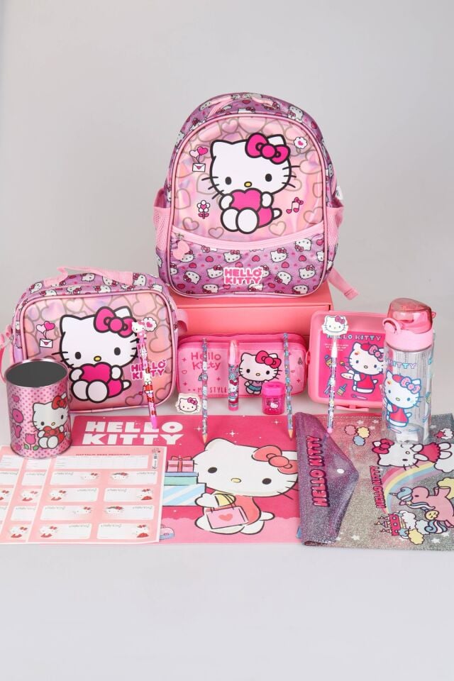 TEK BÖLMELİ KÜÇÜK BOY 32 CM HELLO KITTY ANAOKUL,BESLENME VE KALEM ÇANTASI İLE BESLENME KABI,MATARA KIRTASİYE OKUL SETİ