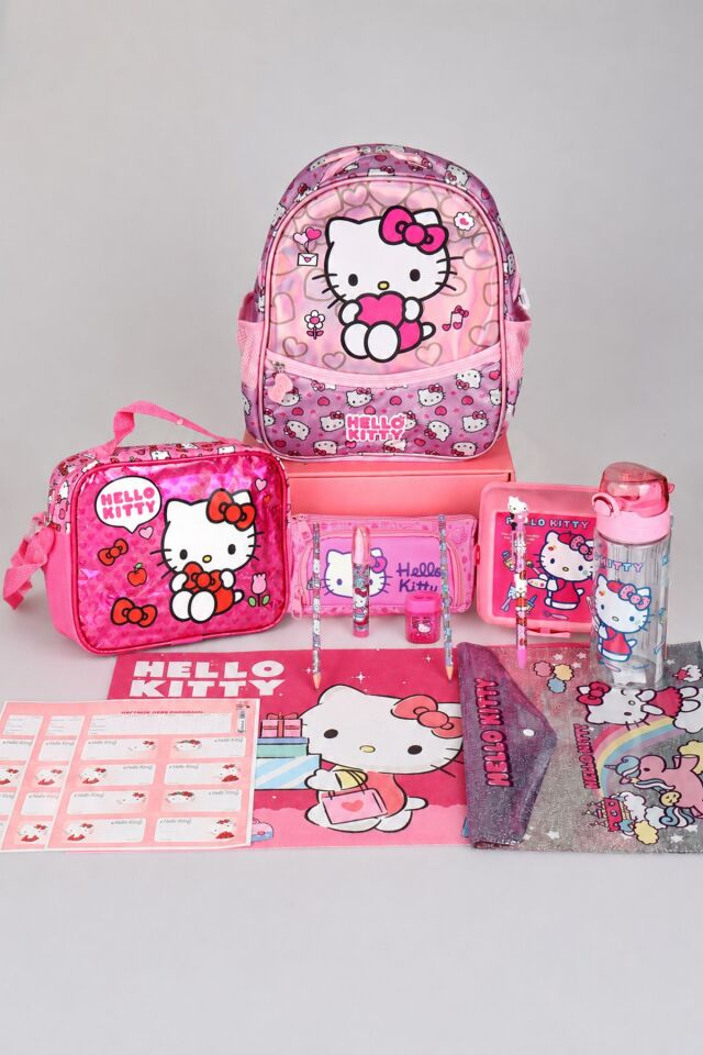 TEK BÖLMELİ KÜÇÜK BOY 32 CM HELLO KITTY ANAOKUL,BESLENME VE KALEM ÇANTASI İLE BESLENME KABI,MATARA KIRTASİYE OKUL SETİ