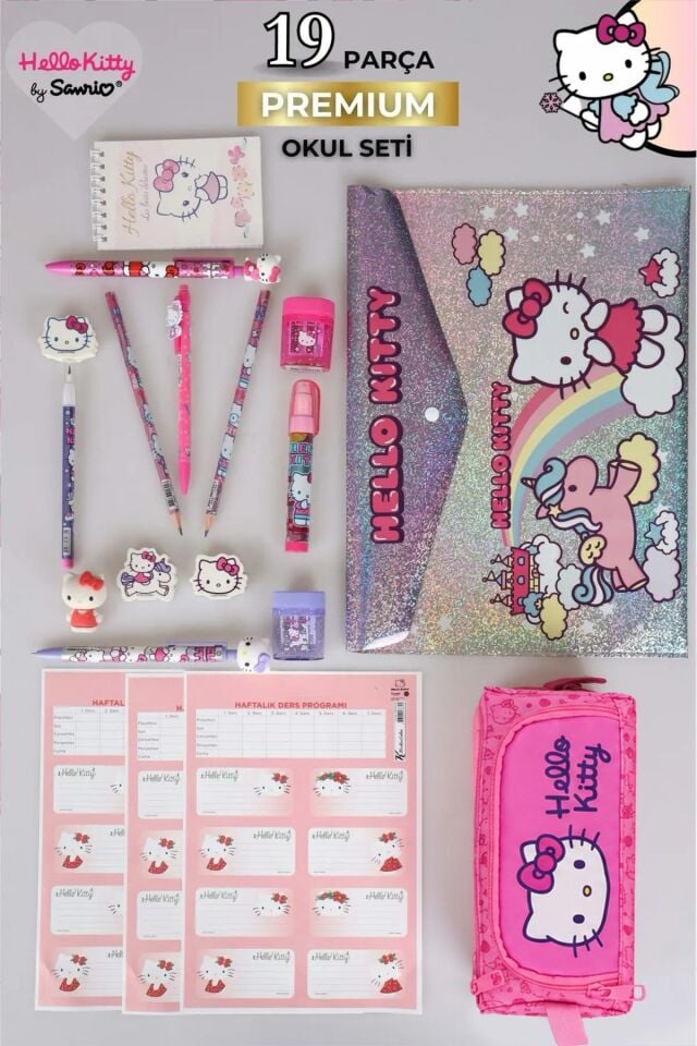 DEKOMUS İLE YENİ SEZON LİSANSLI HELLO KITTY 19 PARÇA KIRTASİYE SETİ KALEM ÇANTASI,3D SİLGİ,NOT DEFTERİ,KURŞUN KALEM,UÇLU KALEM,KALEMTRAŞ VE ROKET SİLGİ SETİ