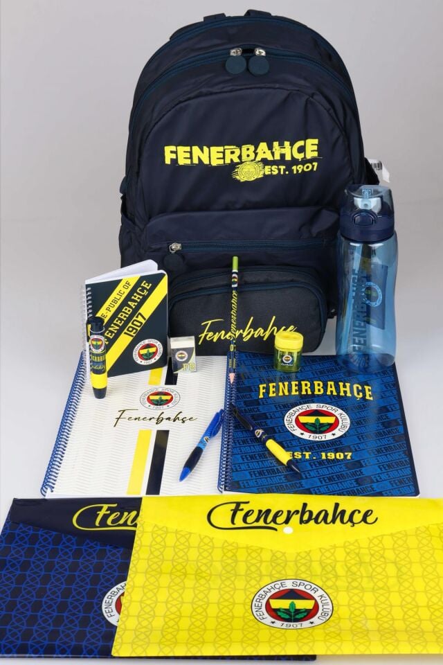 DEKOMUS İLE LİSANSLI FENERBAHÇE BÜYÜK BOY OKUL ÇANTASI,KALEM ÇANTASI,A4 2 ADET DEFTER,700 ML MATARA İLE KIRTASİYE SETİ