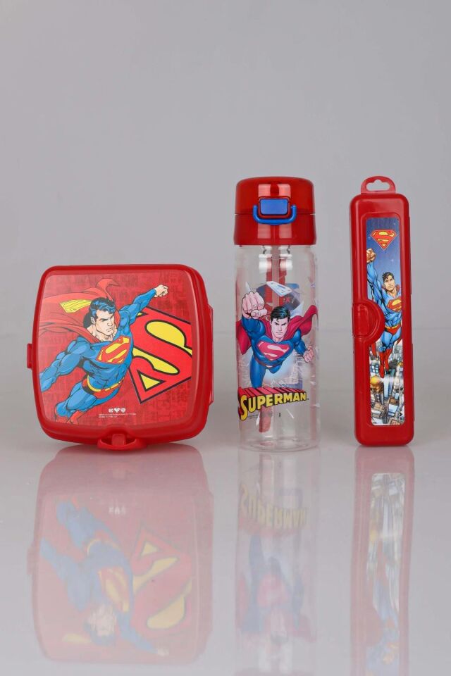LİSANSLI SUPERMAN YEMEK SETİ BESLENME KABI,DİŞ FIRÇASI KUTUSU VE TRITAN MATARA 3'LÜSÜ