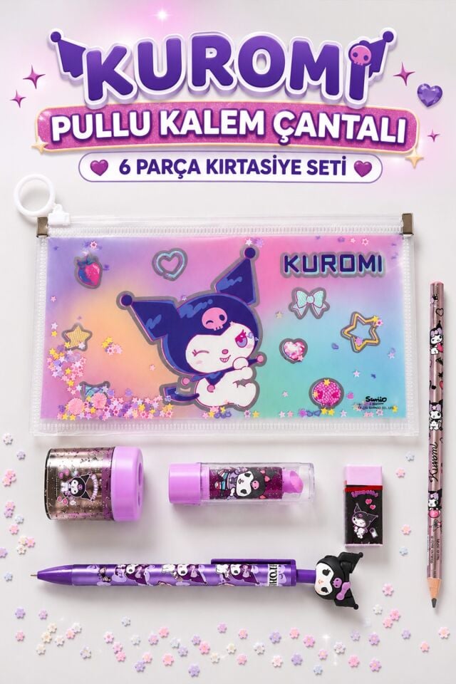 x Dekomus Lisanslı Kuromi Pullu Zarf Kalem Kutusu,Silgi,Kalemtraş Kırtasiye Seti