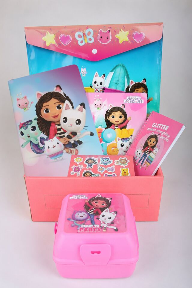 x Dekomus Lisanslı Gabby’s Dollhouse Stickerlı Defter,Beslenme Kabı,Resim Defteri,Bloknot,Sticker