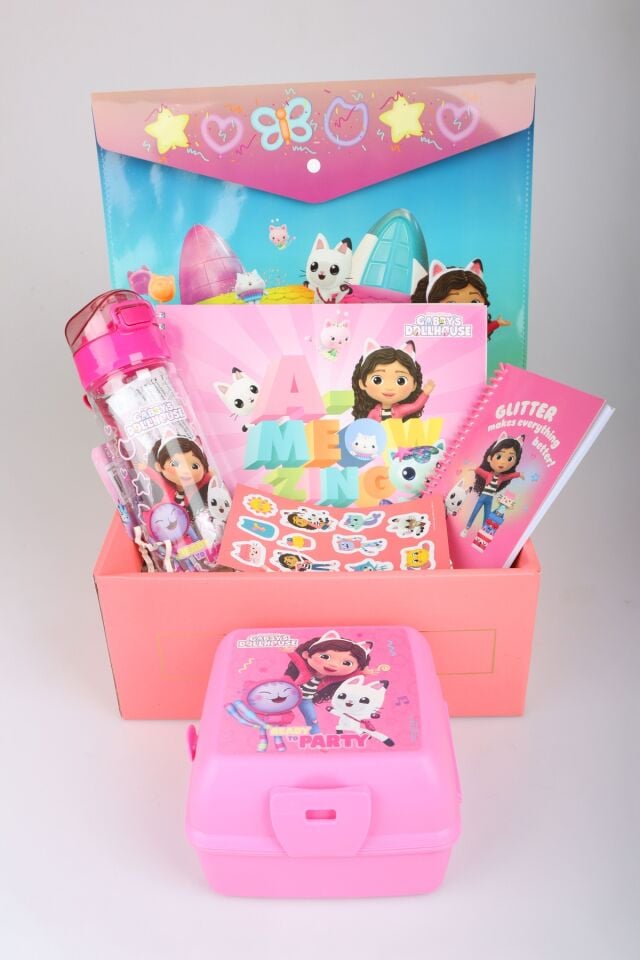 x Dekomus Lisanslı Gabby’s Dollhouse 500 Ml Matara,Beslenme Kabı,Resim Defteri,Bloknot,Sticker
