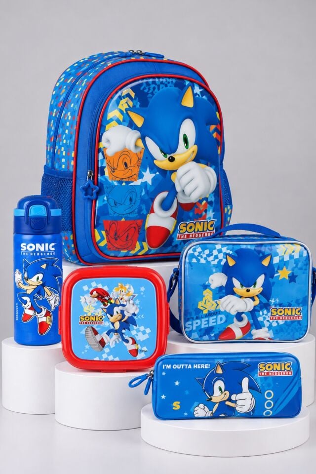 Dekomus, Lisanslı Sonic Okul,Beslenme ve Kalem Çantası,Çelik Matara 500 ML ve Beslenme Kabı Seti