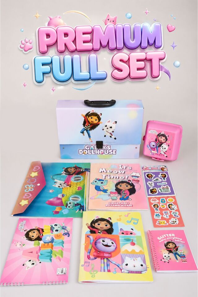x Dekomus Lisanslı Gabby’s Dollhouse Premium Kırtasiye Seti Saplı Çanta,Boyama Kitabı,Resim Defteri,Bloknot,