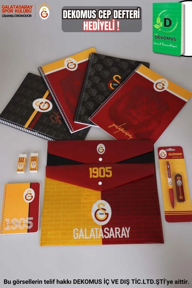 ''DEKOMUS CEP DEFTERİ HEDİYELİ'' LİSANSLI GALATASARAY A4 SPIRALLI 2 ADET KARELİ,2 ADET ÇİZGİLİ DEFTER,VERSATİL UÇLU KALEM 0.7MM ,BLOKNOT,2 ADET ÇITÇIT DOSYA,2 ADET SİLGİ SETİ