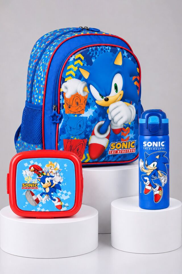 x Dekomus Lisanslı Sonic Büyük Boy Okul Çantası,Beslenme Kabı ve 600 ML Çift Fonksiyon Kapaklı Çelik Matara Seti