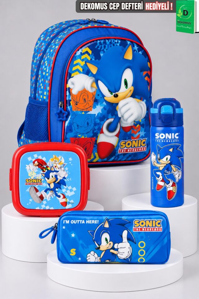 x Dekomus Lisanslı Sonic Büyük Boy Okul ve Kalem Çantası,Beslenme Kabı,600 ML Çift Fonksiyon Kapaklı Çelik Matara Seti