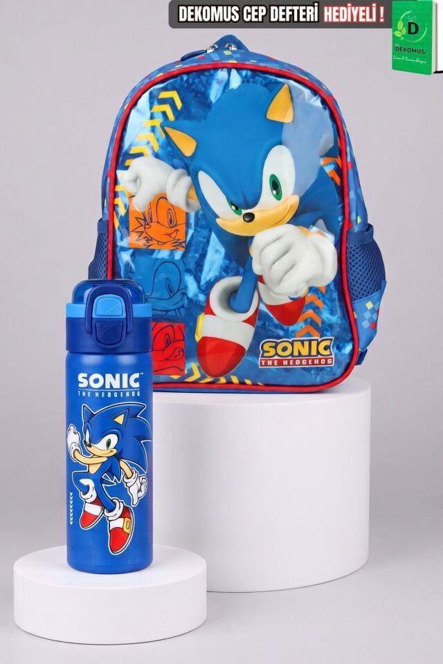 x Dekomus Lisanslı Sonic Küçük Boy Anaokul Çantası ve 600 ML Çift Fonksiyon Kapaklı Çelik Matara Seti